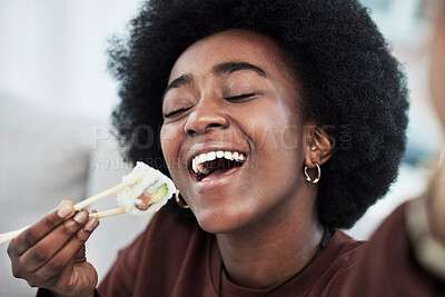 Buy stock photo Sushi, seafood and restaurant with selfie of black woman at home for brunch, Japanese cuisine and social media. Profile picture and health with face of customer for nutrition, diet and fine dining
