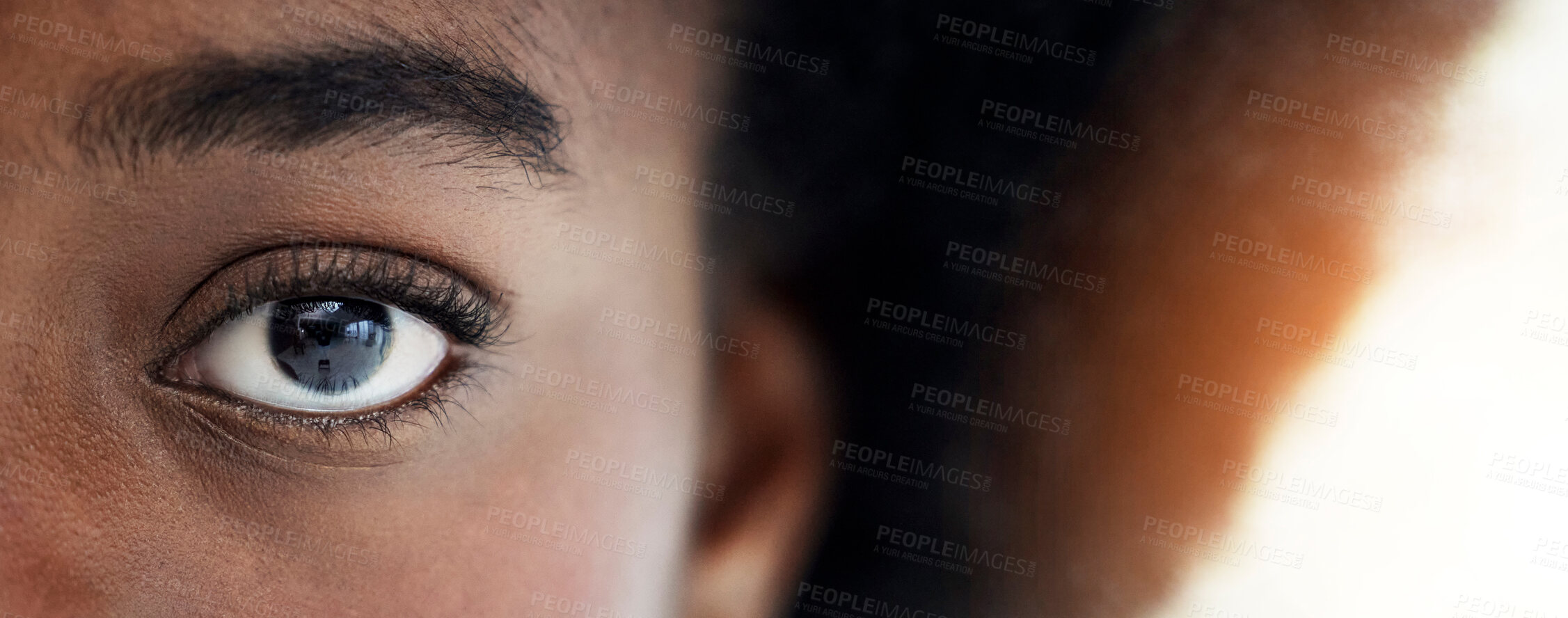 Buy stock photo Eyes, closeup and portrait of African woman with mockup space for focus, thinking and vision. Banner, lens flare and zoom of half face of person looking for perception, awareness and intense stare