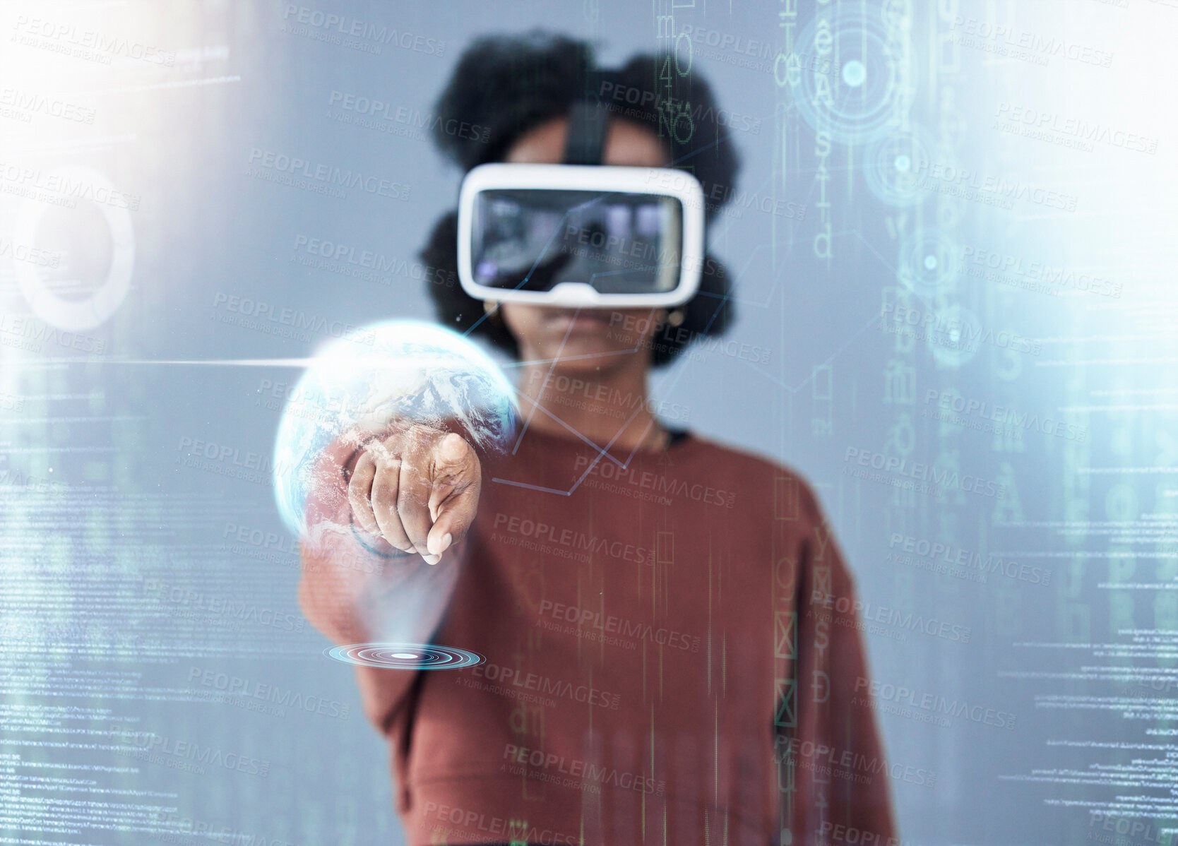 Buy stock photo Black woman, VR and hand on hologram in global communication, interaction or UI and UX on overlay. African female person in virtual reality, futuristic dashboard or 3D innovation in double exposure