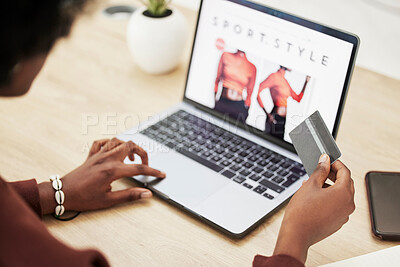 Buy stock photo Woman, hands and laptop with credit card in online shopping, payment or banking on fashion at office. Closeup of female person with debit on computer in ecommerce, buying or fintech at the workplace