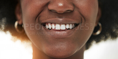 Buy stock photo Dental, smile and teeth with closeup of person for medical, cosmetics and oral hygiene. Healthcare, orthodontics and beauty with mouth of black woman for self care, gum and whitening treatment