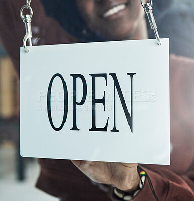 Buy stock photo Store, window or open sign by happy person for small business, startup or restaurant poster advertising. Coffee shop, notice or manager by glass billboard news for cafe, service or entrepreneurship 