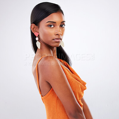 Buy stock photo Portrait, fashion and serious woman in dress at studio isolated on a white background mockup space. Face, style and confident Indian model in formal clothes for party, event and elegant aesthetic