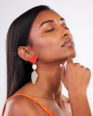 Buy stock photo Beauty, eye closed and face of relax woman with aesthetic facial makeup, natural skincare glow or self care wellness. Dermatology, salon studio and model with anti aging cosmetics on white background