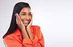 Smile, excited and hands on woman face in studio shy for news, promo or announcement on white background. Happy, emoji and Indian female model with gossip, gesture or cute reaction while isolated
