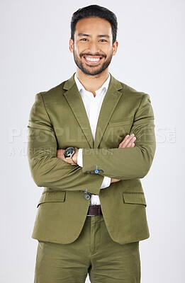 Buy stock photo Business man, arms crossed and entrepreneur portrait with work confidence and smile in a studio. Happy, success and male professional with job pride and employee with a white background and a worker