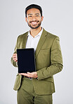 Happy asian man, portrait and tablet mockup in advertising against a white studio background. Businessman with technology display or screen in marketing, advertisement or branding on mock up space