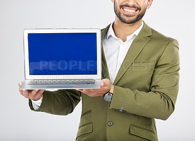 Buy stock photo Laptop screen, mockup and hands of business person in studio for social media, communication and ux. Website, research and logo with closeup of employee on white background for email and internet