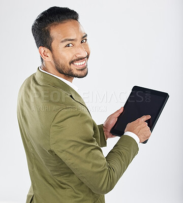 Buy stock photo Search, tablet and portrait of businessman with technology with internet isolated in a studio white background. Online, planning and young person or employee working on connection or networking