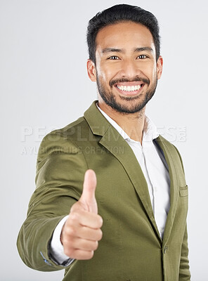 Buy stock photo Happy asian man, portrait and thumbs up in winning, success or thank you against a white studio background. Businessman smile with like emoji, yes sign or OK in agreement, good job or approval
