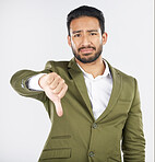 Sad, portrait and man with thumbs down in studio for rejection, no or bad review on grey background. Face, frown and Japanese model with emoji finger for negative, vote or feedback fail or opinion
