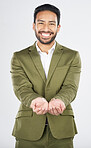Hands, open and portrait of business man in studio for charity, begging for support and help. Happy, corporate and person with gesture for donation, financial aid and investment on white background