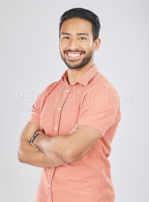 Buy stock photo Business, crossed arms and portrait of Asian man in studio smile for career, work and job opportunity. Confidence, professional male and isolated happy person in casual style on white background