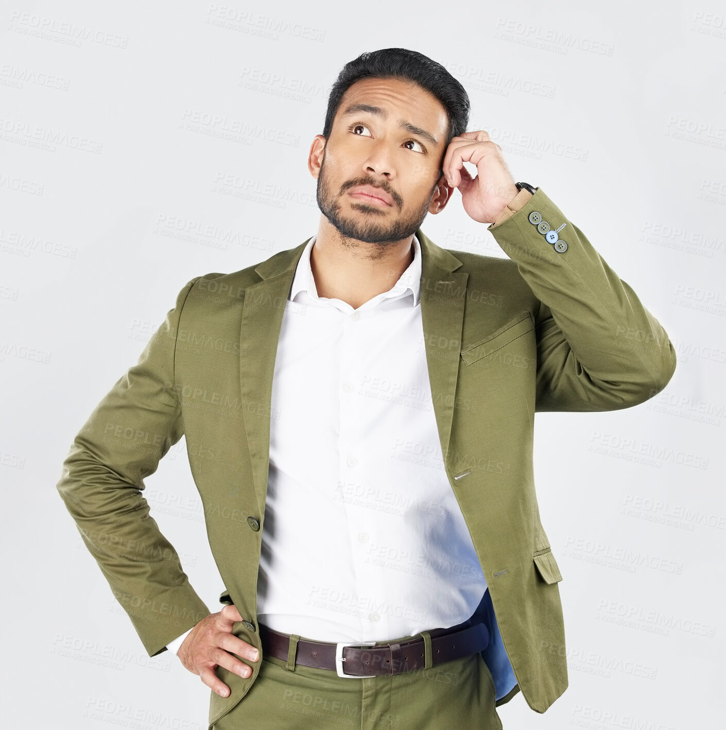 Buy stock photo Business man, thinking and vision in studio with ideas, confused and questions by white background. Indian entrepreneur, brainstorming and remember for decision, choice and problem solving in career