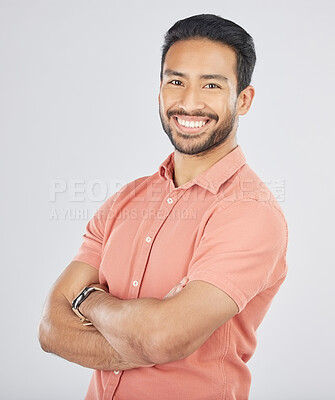 Buy stock photo Happy, crossed arms and portrait of Asian man in studio smile for career, work and job opportunity. Confidence, professional male and isolated business person in casual style on white background