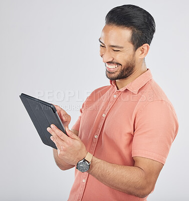 Buy stock photo Search, tablet and happy man entrepreneur with technology on the internet isolated in a studio white background. Online, planning and young person or employee working on connection or networking