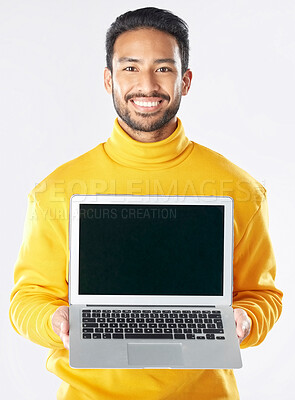 Buy stock photo Laptop screen, mockup and smile with portrait of man in studio for social media, communication and ux. Website, research and logo with person on white background for email, online and internet