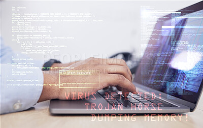 Buy stock photo Coding, laptop with virus and hands, cybersecurity and programmer typing, person and software update. Malware safety, information technology and code with upgrade, ransomware and programming overlay
