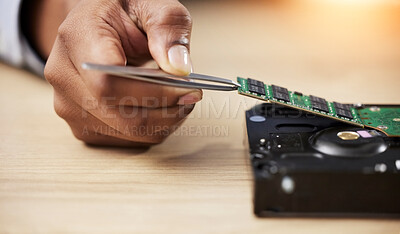 Buy stock photo Motherboard, microchip and engineer hands closeup with electric maintenance of circuit board. Tweezer, IT and dashboard for electrical hardware update and technician tools for information technology