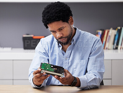 Buy stock photo Black man, check circuit board and computer hardware with technician in office, maintenance and electronics upgrade. Inspection, motherboard and CPU, engineering and electric repair with technology