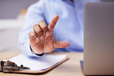 Buy stock photo Laptop, finger and hands of business person in office for networking, website ui and research. Cybersecurity, biometrics and worker on computer with touch gesture for user interface, software or data