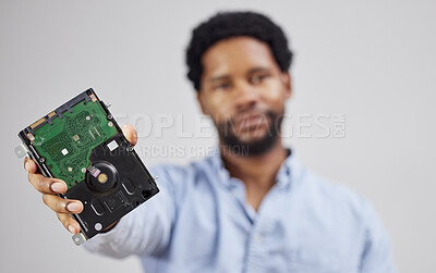 Buy stock photo Motherboard in hand, black man and computer hardware, and technician with maintenance and electronics upgrade. Closeup, circuit board and CPU, engineering and electric repair with technology 