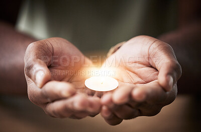 Buy stock photo Prayer, candle or hands of man for worship, faith and belief for support, help and hope in Christian religion. Light, closeup or person in meditation for spiritual healing, mercy or trust for praise
