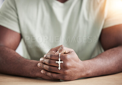 Buy stock photo Crucifix cross, man hands and prayer beads in home with faith, christian praise and religion. Praying, necklace and worship in house with hope, gratitude and spiritual guide for support and healing