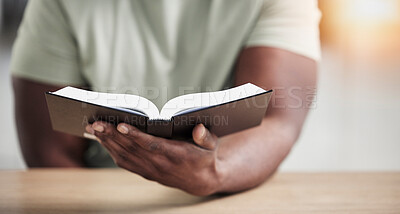 Buy stock photo Bible, reading and hands with book and religion study at home for worship and spiritual support. Faith, christian knowledge and person with gratitude, scripture education and god guidance in a house