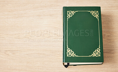 Buy stock photo Bible on table, mockup space and top view of knowledge, reading or study scripture in education. Holy book, desk and information for learning, gospel wisdom or spiritual worship in Christian religion