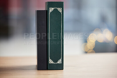 Buy stock photo Books on table, mockup space and bokeh for religion, reading and study in faith education. Holy bible, desk and spiritual for learning, gospel knowledge and information to worship on a background