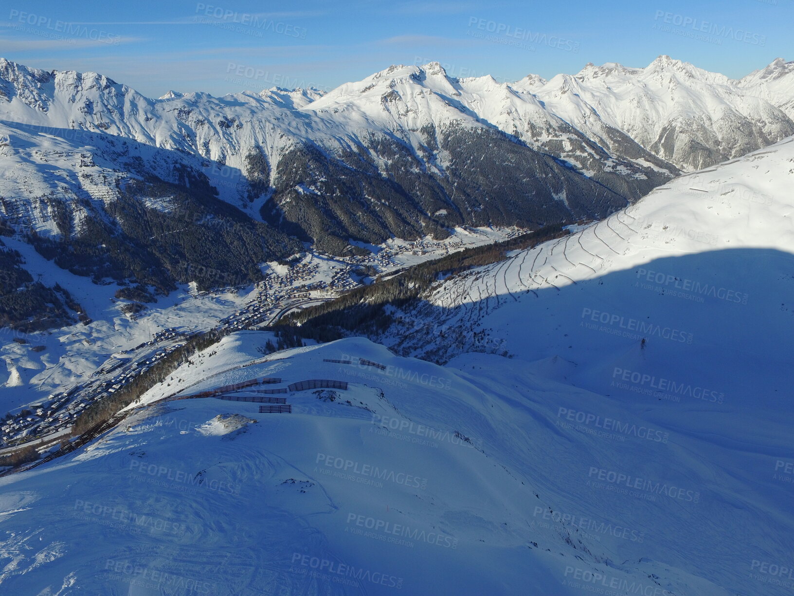 Buy stock photo Mountain, snow and Swiss Alps terrain in winter for travel, holiday or vacation with a view of nature. Environment, landscape and earth in a remote location during the cold weather season in Europe