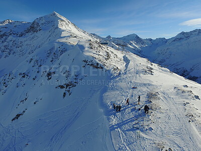 Buy stock photo Mountain, snow and hiking in the Swiss Alps for travel, holiday or vacation with a view of nature. Environment, landscape or freedom with people at a ski resort in a remote location in Europe