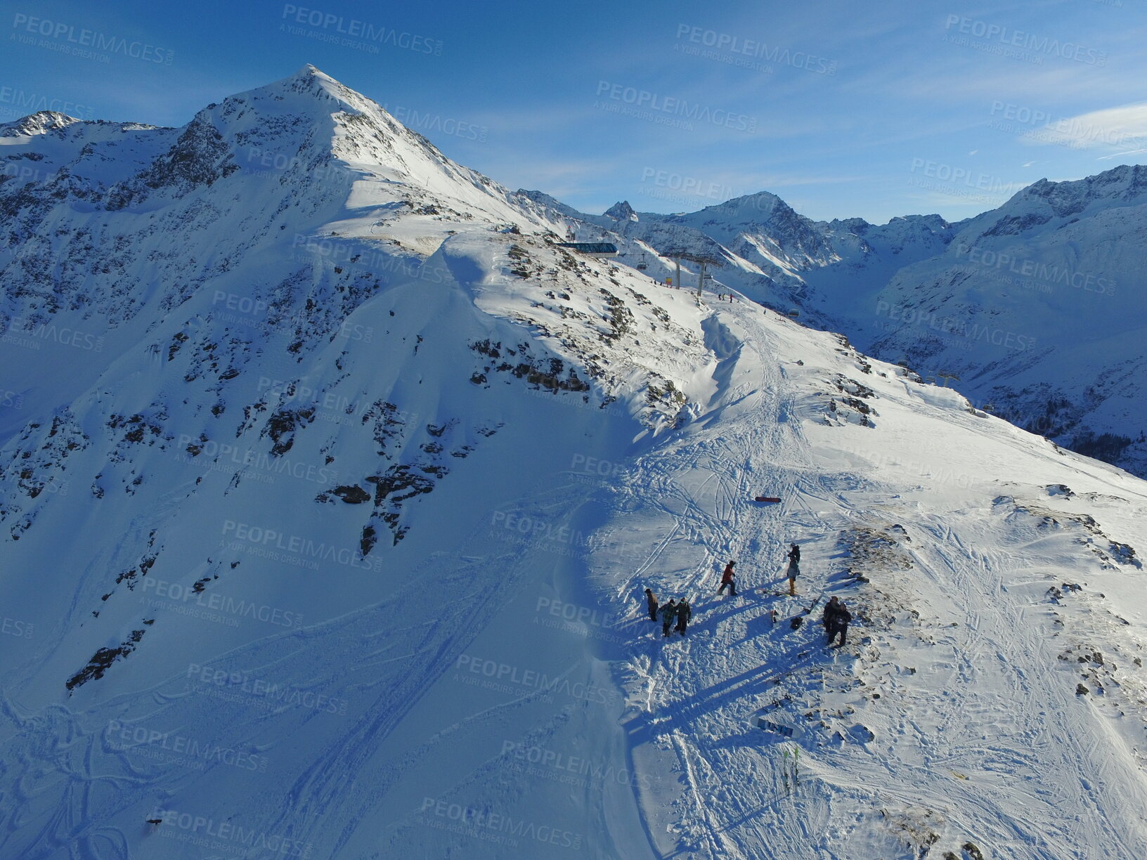 Buy stock photo Mountain, snow and hiking in the Swiss Alps for travel, holiday or vacation with a view of nature. Environment, landscape or freedom with people at a ski resort in a remote location in Europe