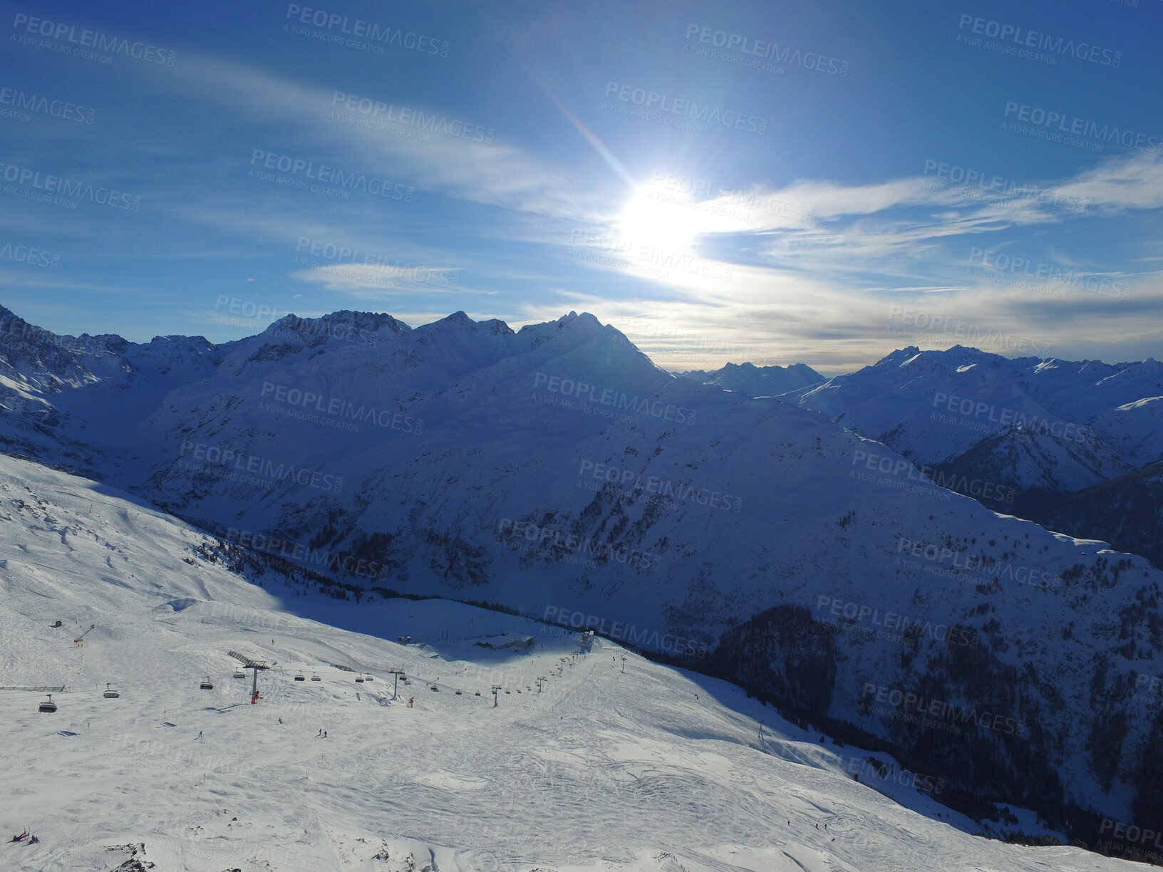 Buy stock photo Mountain, snow and ski in the Swiss Alps for travel, holiday or vacation with a sun view of nature. Environment, landscape or adventure at a resort lift in the cold weather season of winter in Europe