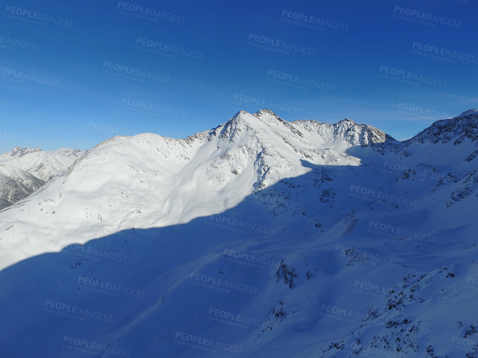 Buy stock photo Mountain, snow and sky on the Swiss Alps for travel, holiday or vacation with a view of nature. Environment, landscape and adventure in a remote location in cold weather season of winter in Europe