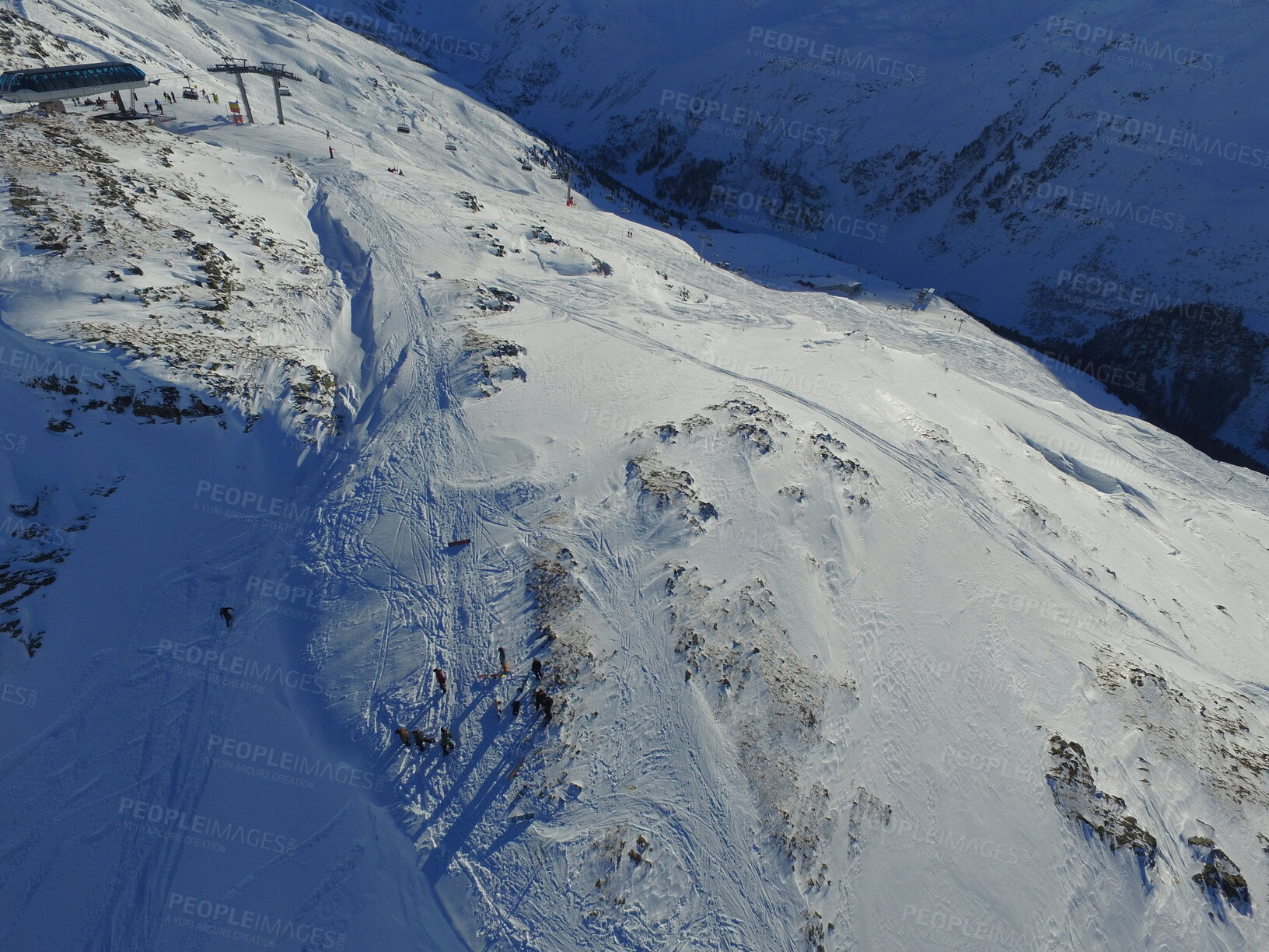 Buy stock photo Mountain, snow and the Swiss Alps in winter for adventure, holiday or vacation in nature from above. Environment, landscape and travel at a ski resort lift in the cold weather season in Switzerland