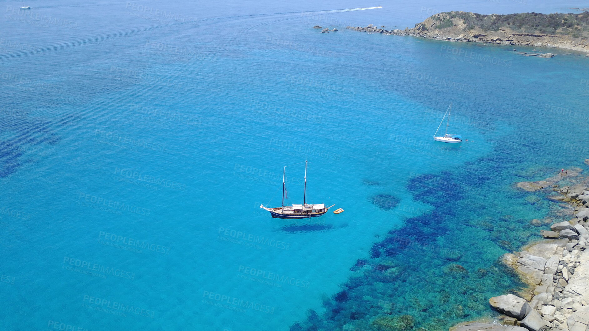 Buy stock photo Aerial of yacht on blue water, sailing in Croatia and summer sun on ocean holiday, relax in freedom and nature seascape. Boat vacation, travel and tropical cruise on sea adventure to island coast.