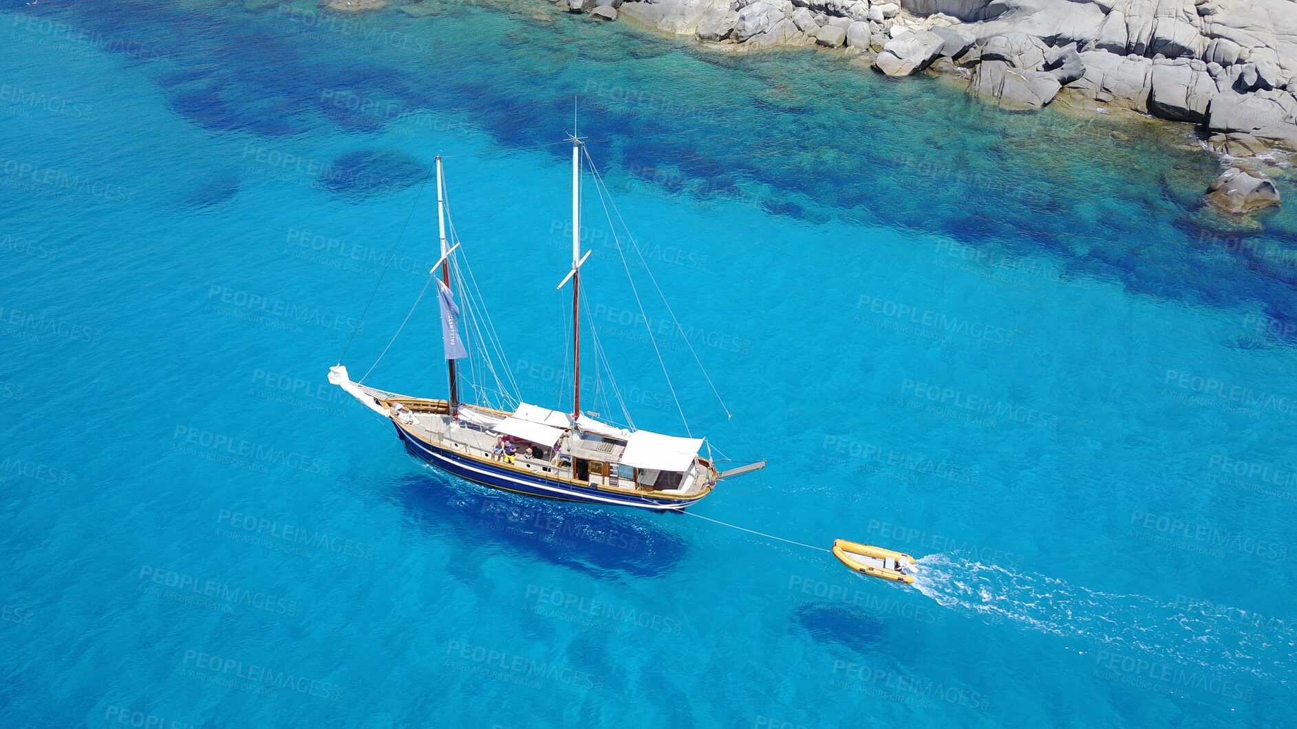 Buy stock photo Yacht, sailing in blue water and summer sun on ocean holiday, relax in freedom and nature. Boat vacation, aerial of travel and tropical cruise on adventure to Greek island with sunshine, fun and sea.