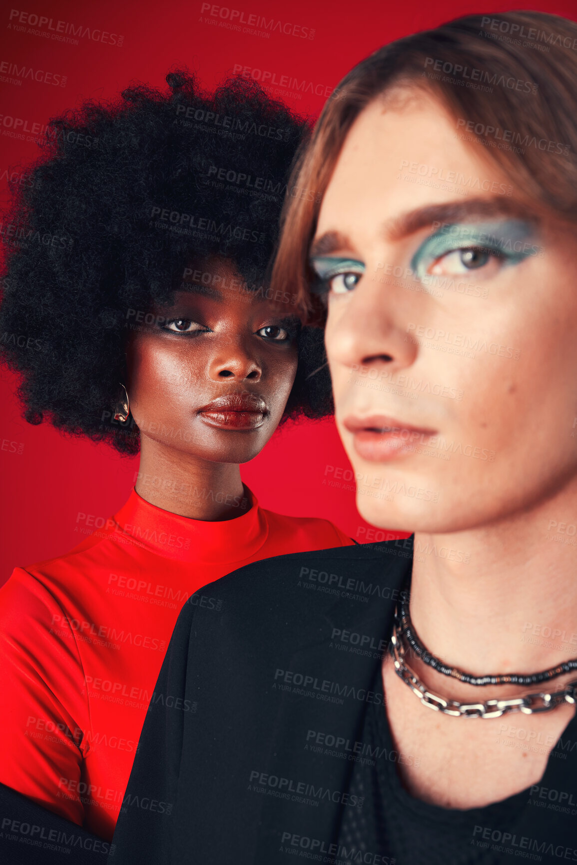 Buy stock photo Makeup, beauty and portrait of people with diversity in fashion on red background in studio with creative, LGBT or style. Unique, aesthetic and cosmetics with gen z black woman and gay man model