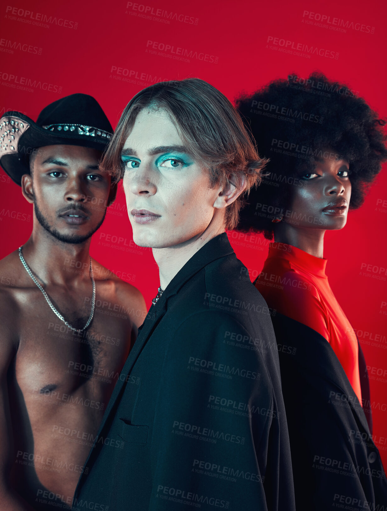 Buy stock photo Portrait, people or fashion with style, retro or confidence on a red studio background. Face, vintage clothes or group with punk outfit, creative or luxury with rock, trendy or friends with aesthetic