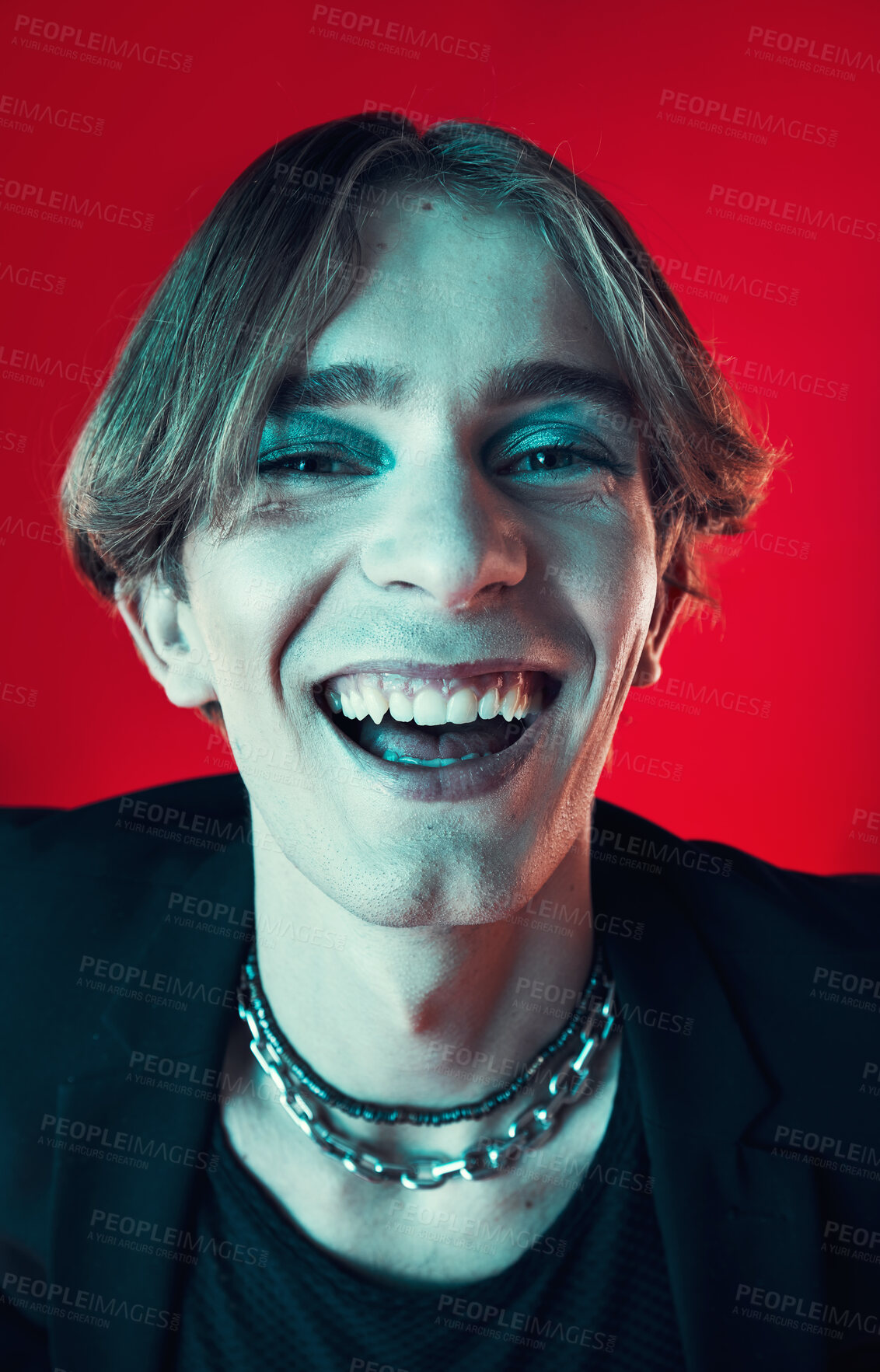 Buy stock photo Fashion, face and funny gay man in makeup at studio isolated on a red background. Cosmetics, lgbtq style and portrait of model laughing in cool clothes, aesthetic and happy queer person in Australia