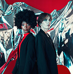 Creative, portrait and people on a studio background for art, rock or aesthetic. Makeup, fashion and a black woman with a man for a punk or vintage couple isolated on a studio backdrop together