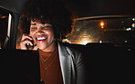 Taxi, happy and a woman on a phone call with a laptop for communication and contact at night. Smile, car and an employee speaking on a mobile with a computer for reading an email in the dark