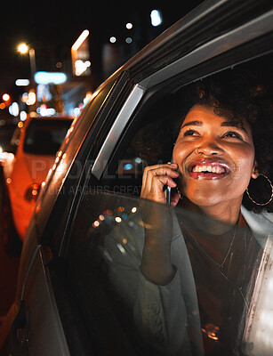 Buy stock photo Black woman, phone call and travel at night in city taxi for communication, conversation or networking. Happy African female person smile, talking or late evening on mobile smartphone in discussion