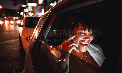 Buy stock photo Happy black woman, phone call and travel at night in city taxi for communication, conversation or networking. African female person smile, talking or late evening on mobile smartphone in discussion