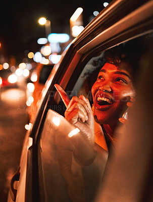 Buy stock photo Happy black woman, phone call and car at night in city taxi, communication or networking. Excited African female person smile in conversation or late evening discussion on mobile smartphone in travel