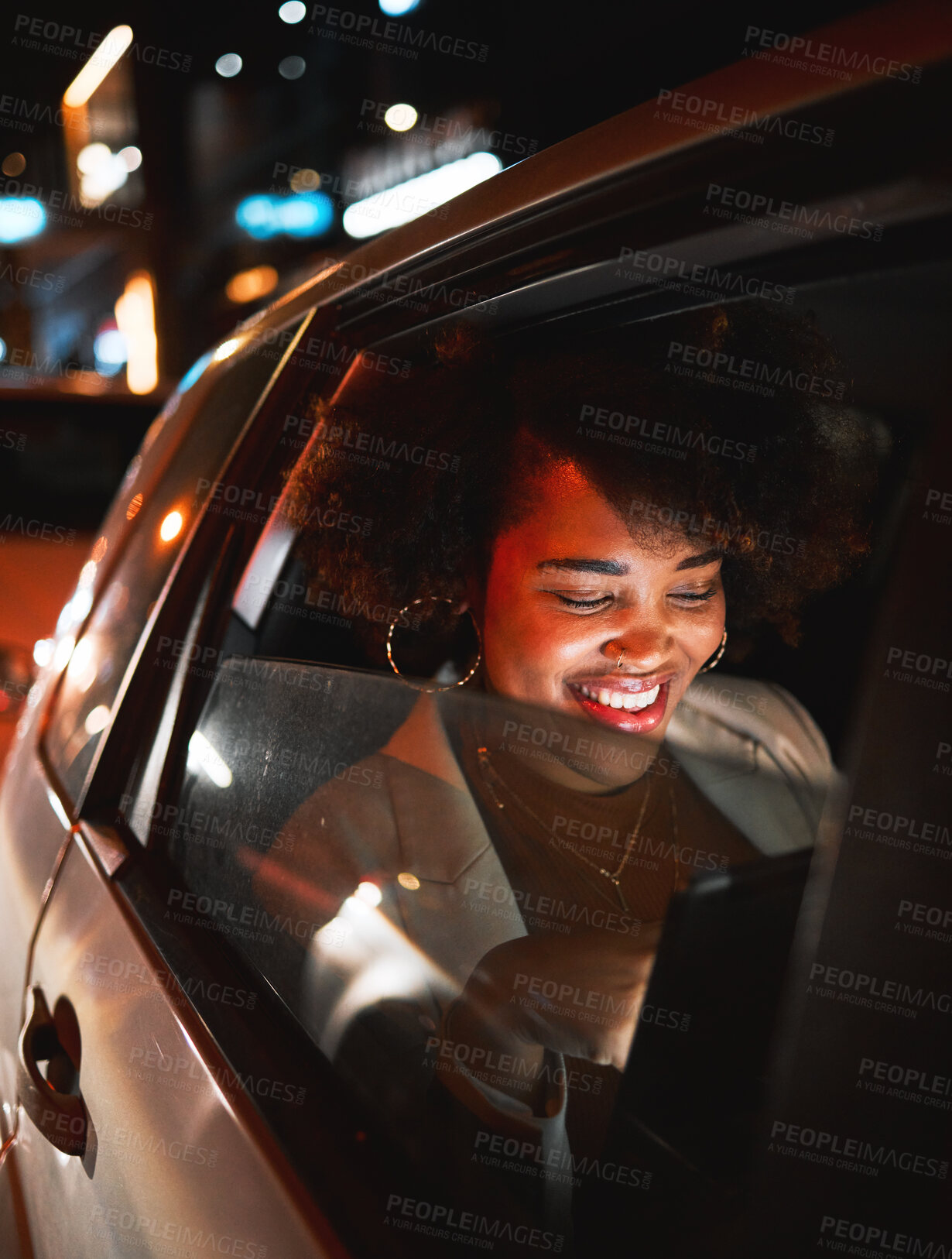 Buy stock photo Car, woman and tablet at night with travel and taxi with a smile and social media networking. Motor window, happy and message with website and internet app scroll with transportation in the city