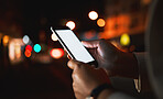 Person, mockup and hand with a cellphone, night and social media with chatting, connection and email notification. Dark, connection or outdoor with closeup, smartphone or mobile app with woman or sms