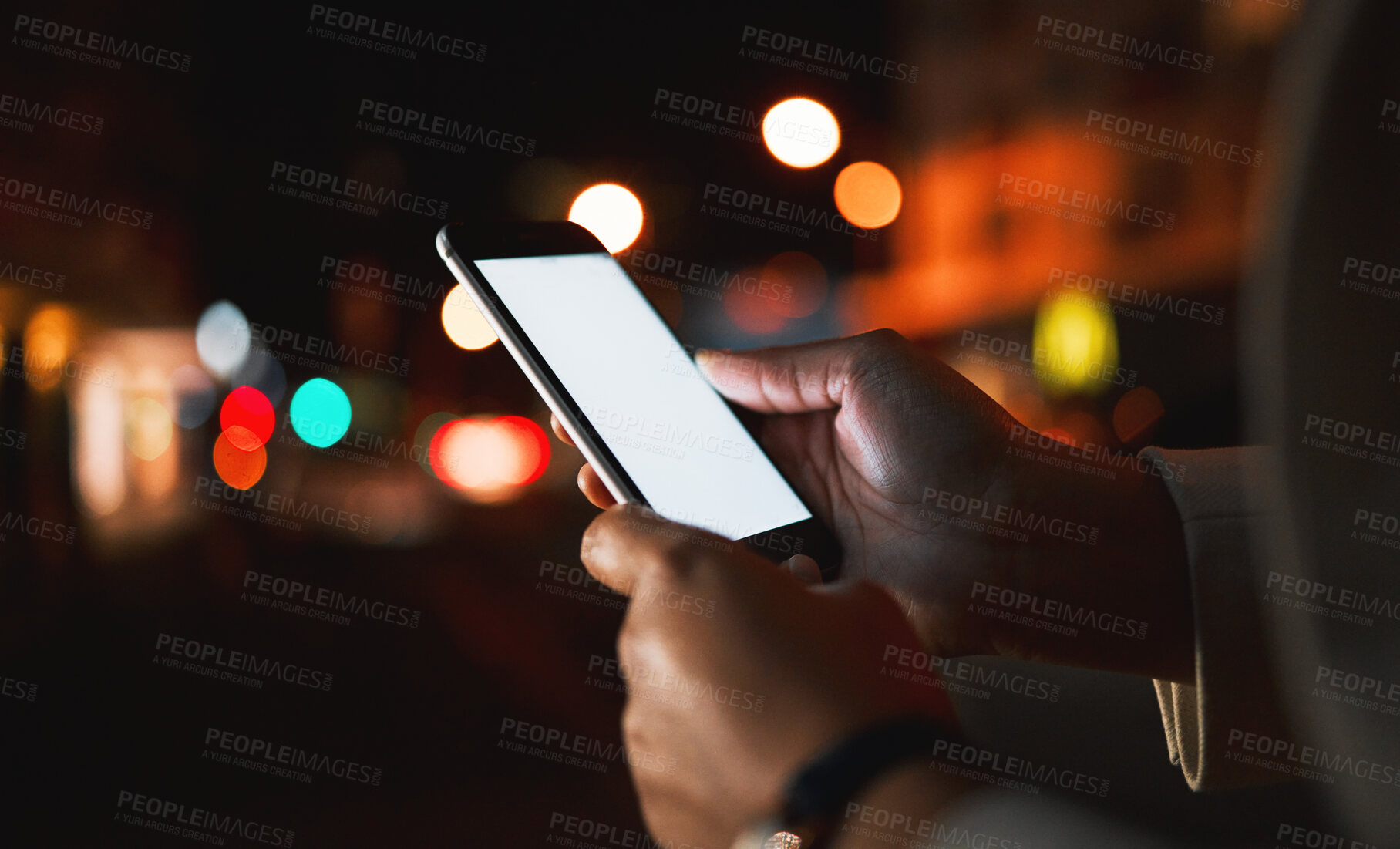 Buy stock photo Person, mockup and hand with a cellphone, night and social media with chatting, connection and email notification. Dark, connection or outdoor with closeup, smartphone or mobile app with woman or sms